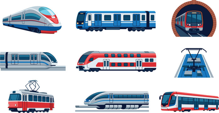 Modern Train and Public Transit Vector Illustration Set with High Speed Bullet Subway Monorail and Tram Elements