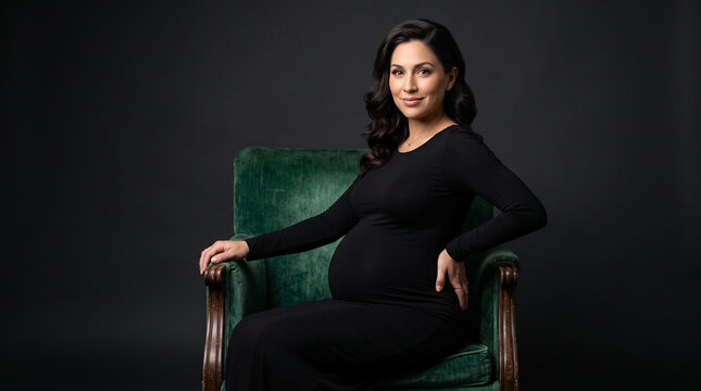 Elegant pregnant woman sitting in green velvet armchair wearing black dress on dark background