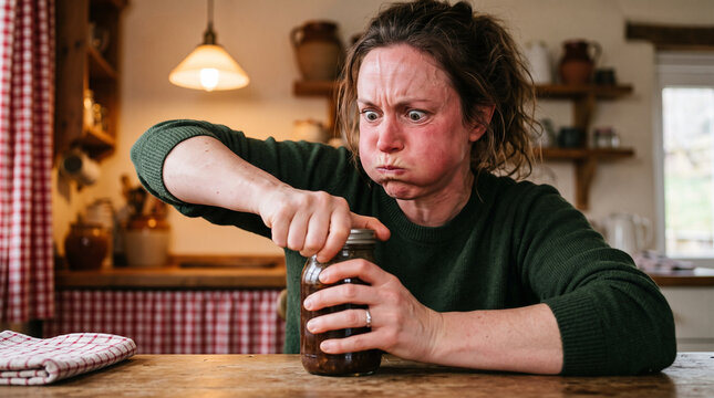 Frustrated woman struggling to open glass jar in rustic kitchen at home