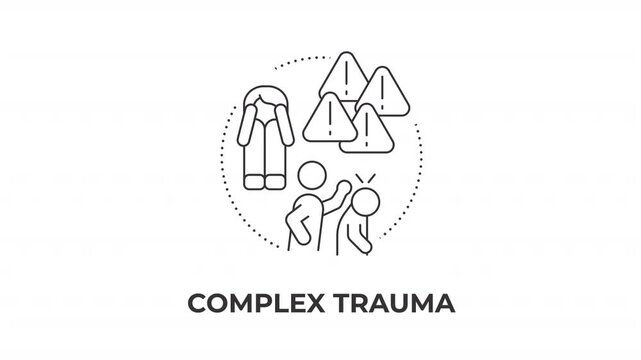 Complex trauma animated line concept icon. Chronic stress response impact. Nervous system dysregulation signs. Deep emotional wounds. Flat linear graphic motion. Minimalist black outline animation