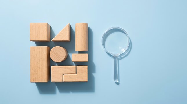 Wooden geometric shapes and a magnifying glass on a light blue background, symbolizing analysis and problem-solving