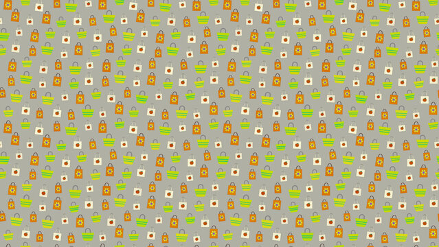 Pattern of colorful shopping bags with floral and ladybug designs