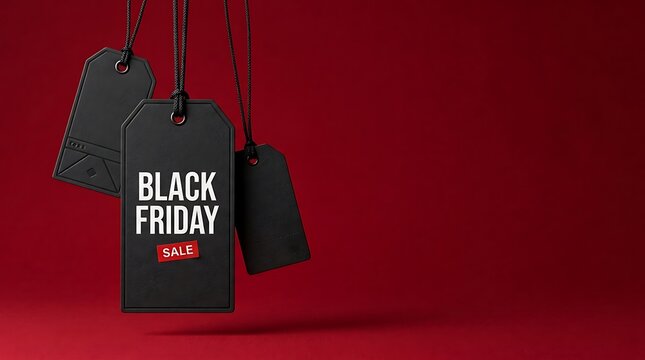 Dramatic black friday sale promotion with hanging tags on red background