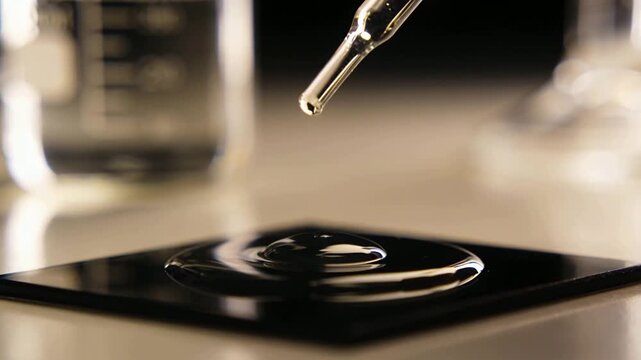Dispensing pipette dropping droplet into pool on black slide on lab bench for test, forming ripples