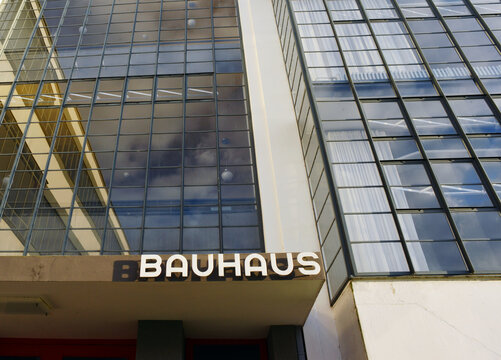 Dessau, Germany, Bauhaus main building entry with text