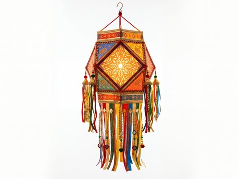 Traditional Colorful Indian Diwali Lantern Known as Akash Kandil Hanging on White Background