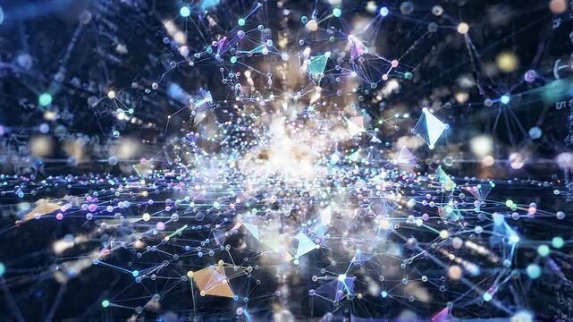 Neural network ai concept: glowing data nodes and mathematical formulas in cyberspace