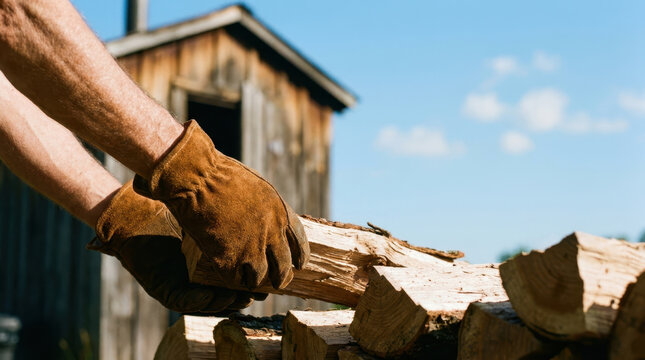 Hands wearing thick suede gloves stacking split firewood beside rustic wooden shed under clear blue sky