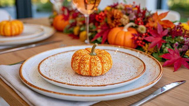 Elegant Thanksgiving table decorated with neutral linen napkins, ceramic plates, small pumpkins, dried flowers and autumn leaves, composition shifted to the right leaving clean copy space on the lef
