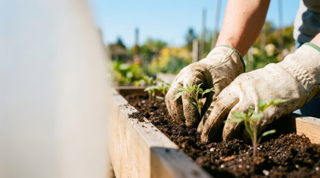 Macro detail of gloved fingers gently placing heir plant in fertile soil beside raised garden bed
