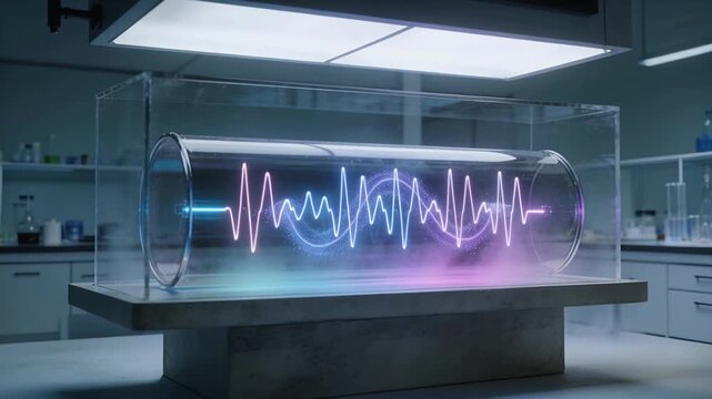 On start pulsing clear cylinder within acrylic box showing two waveforms and mist in clinical lab