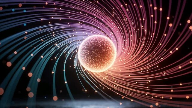 Playing frames causing glowing orb sending rotating ribbons above glass, dots rising