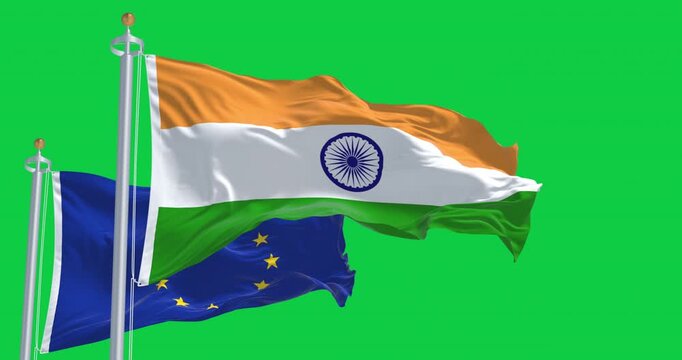 India and the European Union flags waving isolated on green background