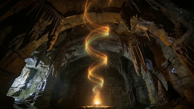 Igniting small bright flame in pedestal bowl forming gold and teal spiral toward cavern ceiling