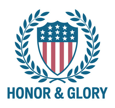 Patriotic emblem with a shield featuring American stars and stripes within laurel wreaths, symbolizing national pride, freedom, honor, heritage, and traditional American values for commemorative 