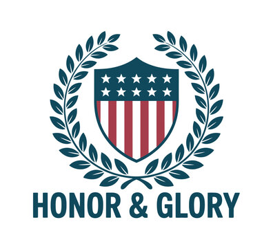 Patriotic emblem with a shield featuring American stars and stripes within laurel wreaths, symbolizing national pride, freedom, honor, heritage, and traditional American values for commemorative 