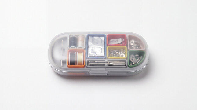 Miniature Sewing Kit: A compact, capsule-shaped sewing kit containing thread spools, needles, pins, and other small sewing essentials, perfect for travel or quick repairs.