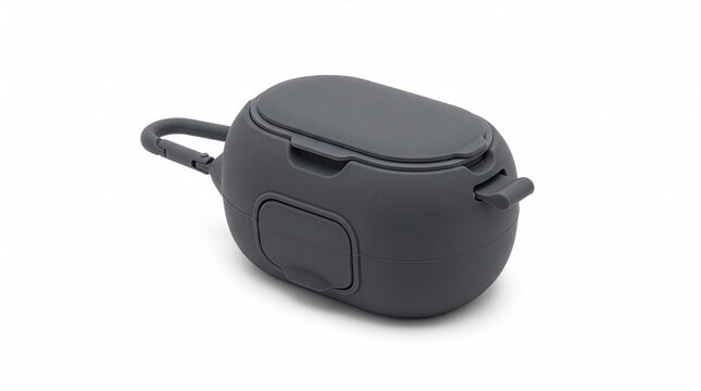 Silicone Earbud Case: A sleek, dark grey silicone case designed to protect and carry wireless earbuds, featuring a secure clasp and a convenient keyring loop.