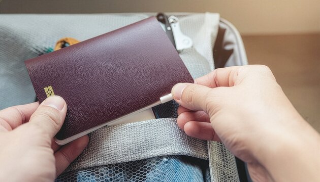 Packing for Adventure: A pair of hands carefully places a passport into a suitcase, ready for a journey. This shot captures the anticipation and excitement of travel.
