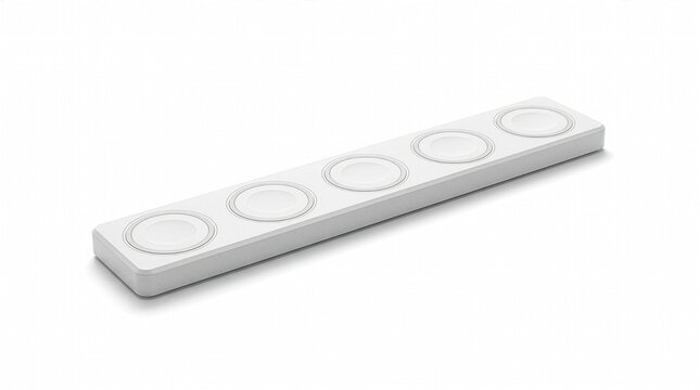 Charging Station for Multiple Devices: A sleek, white charging station with five circular indents designed to hold and charge multiple electronic devices simultaneously.