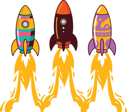 Three colorful vector rockets with yellow flame trails ascend against a white background showcasing a playful design cartoon spacecraft missiles