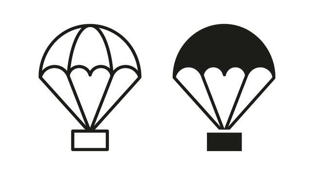 Parachute icon set showcasing minimalist line art and solid vector symbols for aviation