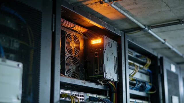 Shifting camera showing open rack bay in basement server room, active orange LED and spinning fans