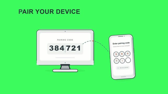 Device pairing, computer and smartphone on green background for technology, connection and synchronization. Wireless, screen and link with code, authentication and mobile app for digital sync info