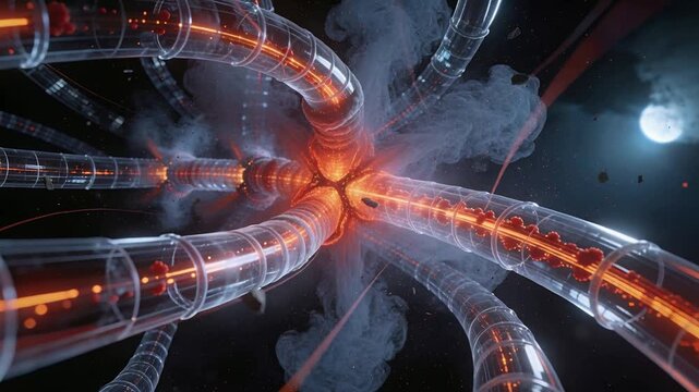 Pulsing central hub releasing energy, vapor and embers through transparent tubes in deep space