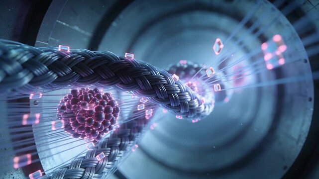Advancing camera revealing braided cable in conduit, highlighting magenta clusters and cubes