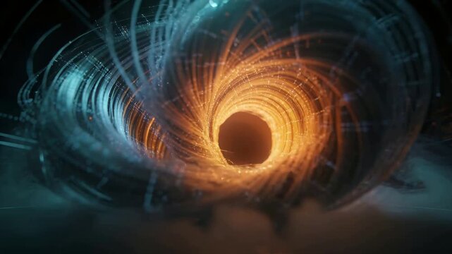Teal light lighting torus vortex spinning and tightening in arched chamber, exposing orange core
