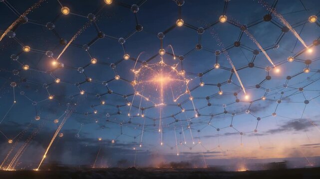 Glowing hex lattice core intensifying and sending beams, arcing filaments and smoke over dusk plain