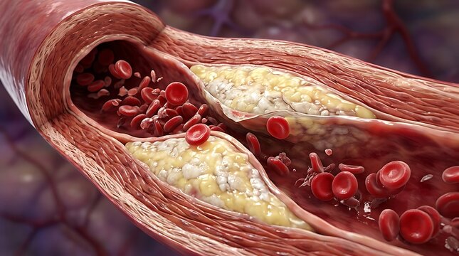 Blood vessel with arterial plaque and red blood cell