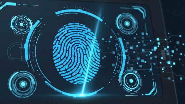 Futuristic biometric fingerprint scanner on a digital screen processing data with a successful checkmark verification for cybersecurity, access control, and identity verification.