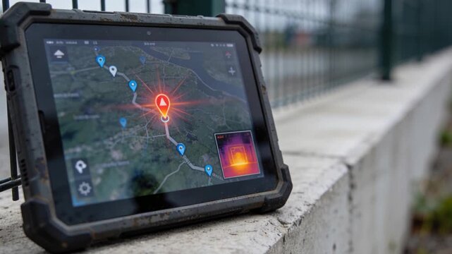 Marker flashing, rugged tablet pulsing orange alert signaling route on ledge by fence, copy space