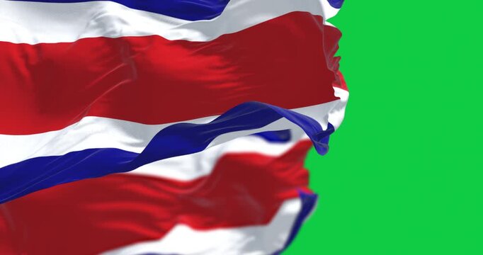 Costa Rica national civil flags waving in the wind isolated on green background