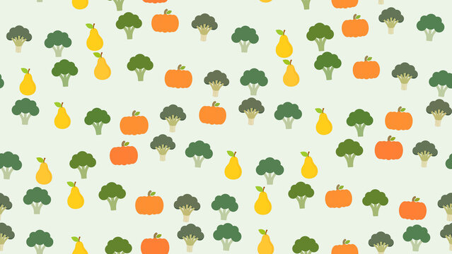 Seamless pattern of cartoon broccoli, pumpkins, and pears
