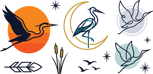 Fototapeta premium Boho Crane and Heron Bird Icon Set with Sun Moon Stars Feather and Reeds for Mystical Nature Designs