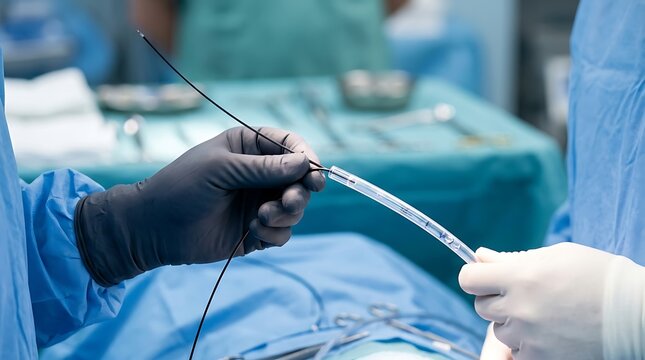 Surgeon handling catheter and guidewire during medical procedure