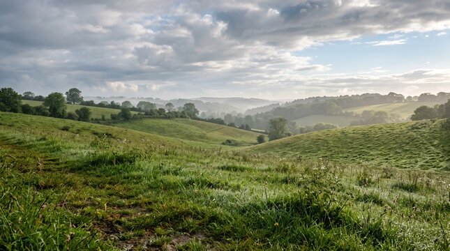 Rolling green hills in the countryside under a cloudy morning sky