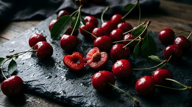 Fresh ripe red cherries on a dark slate stone surface with red cherry