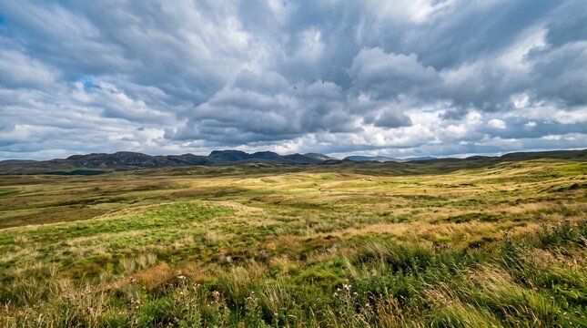 Dramatic Scottish Highlands landscape with rolling hills and cloudy sky