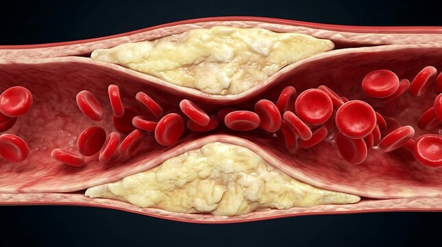 Blood vessel with plaque and red blood cells