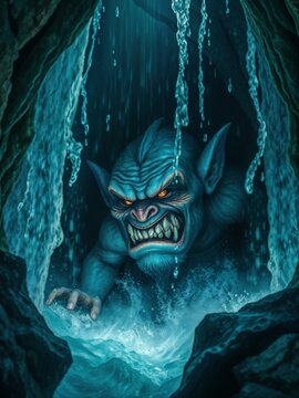 Fierce blue orc monster with glowing orange eyes snarling inside a dark cave behind a splashing waterfall.