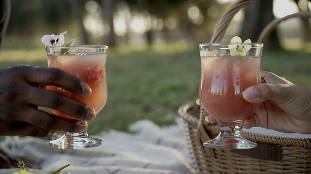 Entering couple's hands clinking goblets over striped blanket, sharing toast with wicker basket