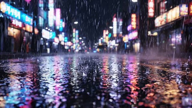 Rainy night city street with neon lights reflection and cinematic bokeh atmosphere