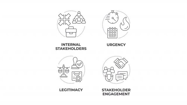 Optimizing workflow efficiency animated line concept icon set. Navigating corporate governance. Defining compliance frameworks. Flat linear graphics motion. Minimalist black outline animation pack