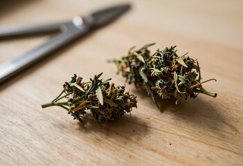 Fototapeta premium Medical cannabis and marijuana legalization, dried hemp buds with trimming scissors on wooden table for alternative medicine and herbal therapy research