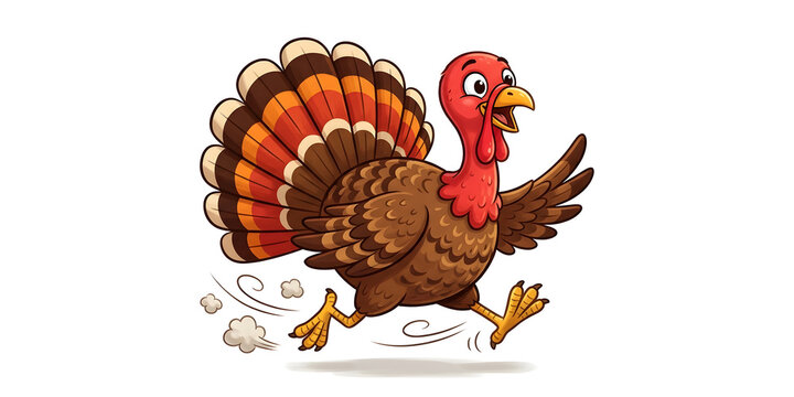 Thanksgiving turkey cartoon character running fast isolated on a white background for holiday design