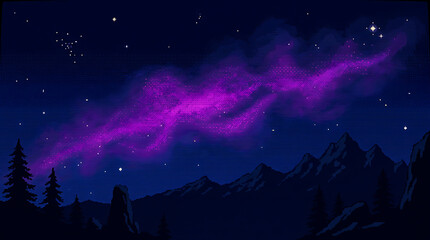 Fototapeta premium Pixel art night sky with purple nebula and forest silhouette